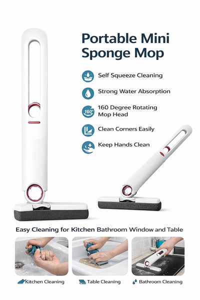 Tahwaz Portable Mini Sponge Mop Self Squeeze Cleaning Mop Handheld Compact