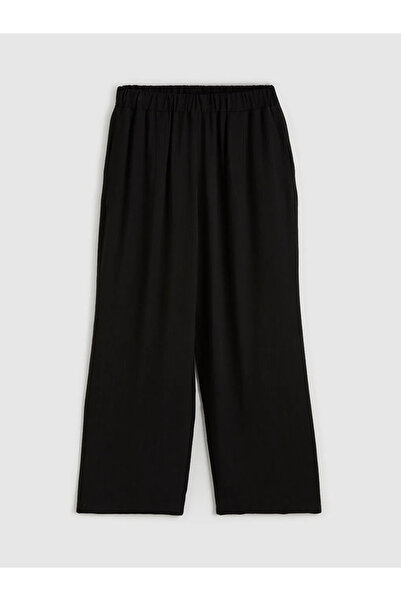 LC Waikiki Μαύρο γυναικείο παντελόνι με ελαστική μέση με υφή φαρδύ πόδι