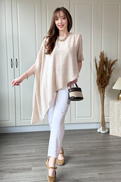 Dilay Gökoğlu Butik Ασύμμετρη κομψή μπλούζα από ύφασμα Tensel σε μπεζ απόχρωση