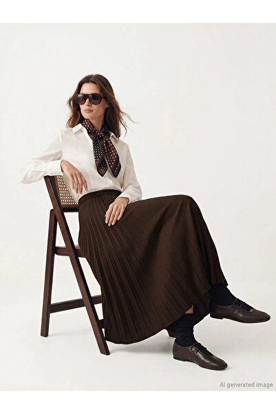 LC Waikiki Brown Elastic Waist Crepe Pleated Skirt