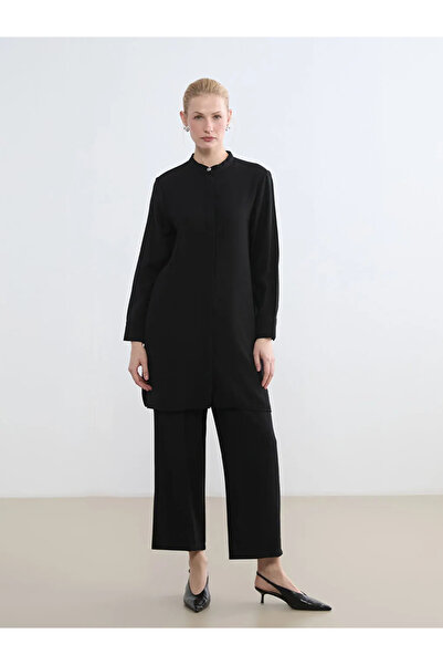 LC Waikiki Μαύρο γυναικείο πουκάμισο τουνίκ με υφή και γιακά Hakim