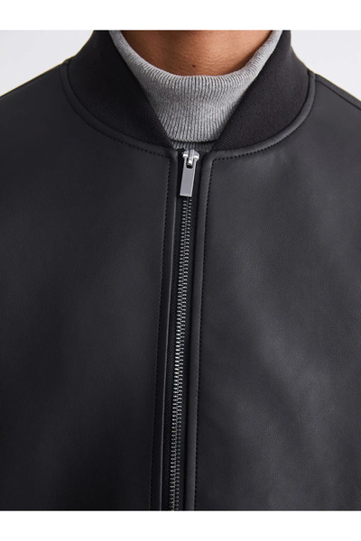 LC Waikiki Black Standard Fit College Collar Men's Leather Look Coat