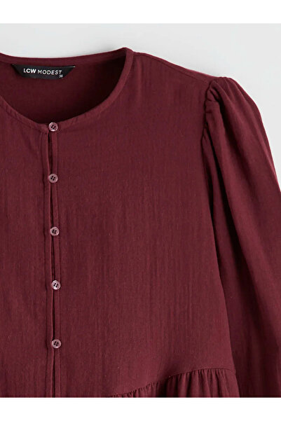 LC Waikiki Φόρεμα μουσελίνας μπορντό με λαιμόκοψη ποδηλάτου και μανίκια μπαλόνι