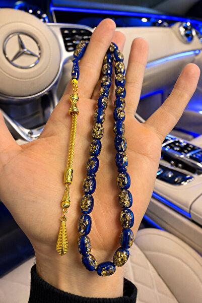 A-STİL TAKI Men's Gift Box Gold-Plated Navy Blue Certified Prayer Beads