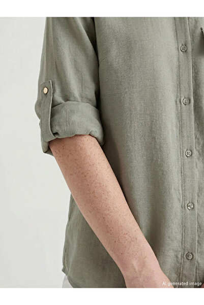 LC Waikiki Πράσινο Γυναικείο Πουκάμισο με Λεπτομέρεια Δεσίματος Με σούρες