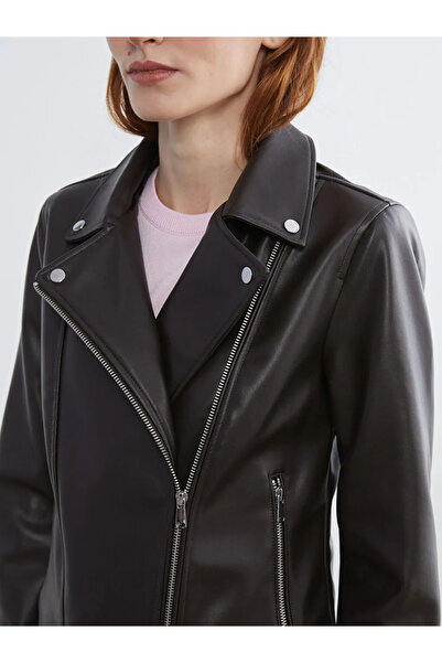 LC Waikiki Καφέ Γυναικείο Μπουφάν Biker Collar εφέ δέρματος