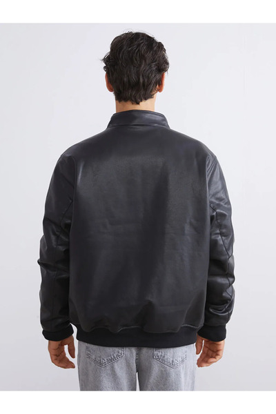 LC Waikiki Black Standard Mold Stand Collar Men's Leather Look Coat