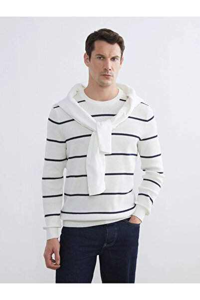 LC Waikiki Ecru Crew Neck Striped Men's Sweater