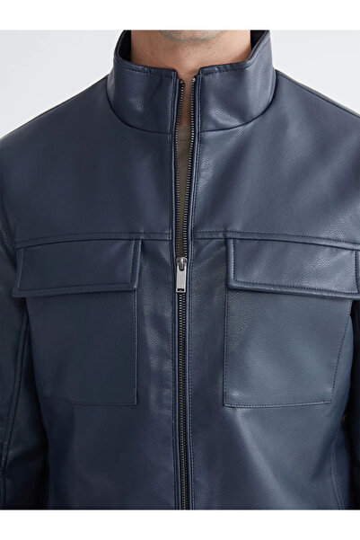 LC Waikiki Ανδρικό δερμάτινο μπουφάν σε στυλ Navy Blue Standard Fit με όρθιο ...