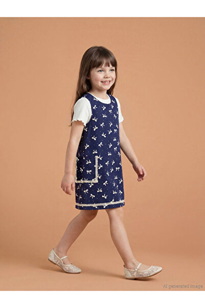 LC Waikiki Φόρεμα και μπλουζάκι για κορίτσια με στάμπα σε μπλε ναυτικό χρώμα