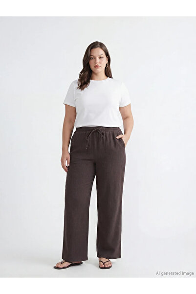 LC Waikiki Καφέ γυναικείο παντελόνι με ελαστική μέση