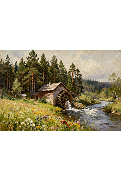 VeliumCraft Tablou Canvas Moara de apa, 90x60cm, padure, rau, natura, stil pi...