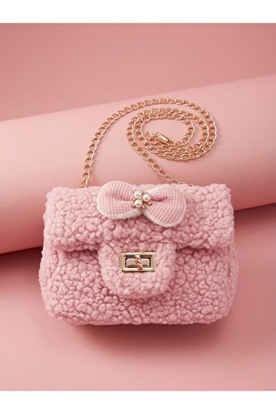 moimaaksesuar Kız Çocuk Pembe Peluş Çanta Fiyonk Detaylı Zincir Askılı Şık El...