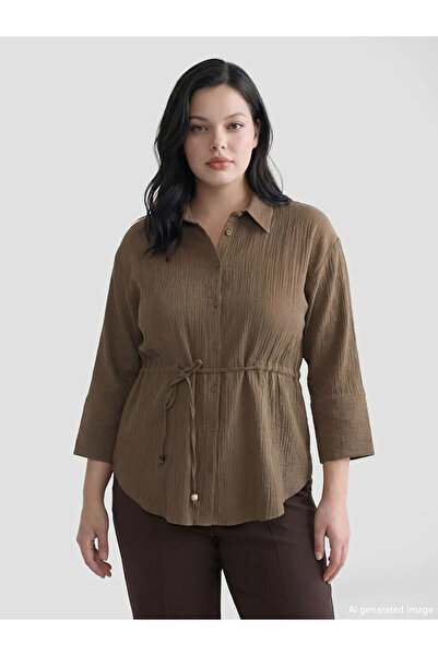 LC Waikiki Καφέ Με δέσιμο Με υφή Γυναικείο πουκάμισο μουσελίνας