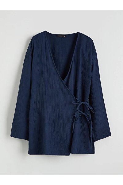 LC Waikiki Kimono de damă din muselină, albastru marin, cu guler dublu și tex...