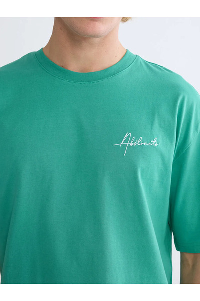 LC Waikiki Green Oversize Fit Crew Neck Embroidered Men's T-Shirt