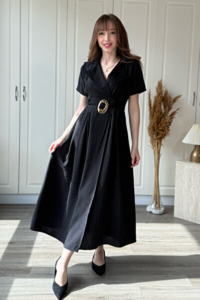 Dilay Gökoğlu Butik Μίντι μαύρο φόρεμα από ύφασμα Tensel με λεπτομέρεια χρυσή...