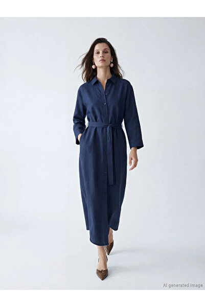 LC Waikiki Lacivert Kuşaklı Keten Karışımlı Gömlek Elbise