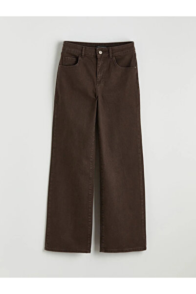 LC Waikiki Καφέ ψηλόμεσο γυναικείο τζιν παντελόνι με φαρδιά μπατζάκια
