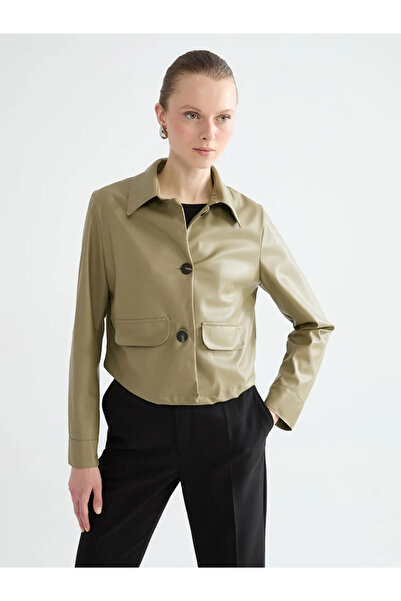 LC Waikiki Πράσινο πουκάμισο με γιακά, γυναικείο δερμάτινο μπουφάν