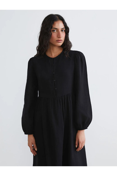 LC Waikiki Μαύρο φόρεμα μουσελίνας με λαιμόκοψη ποδηλάτου και μανίκια μπαλόνι