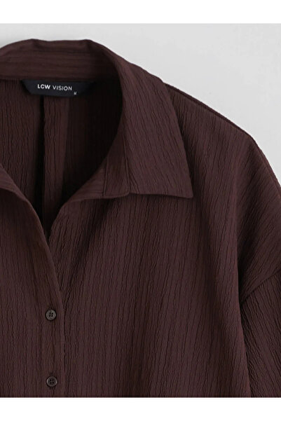 LC Waikiki Καφέ ριγέ oversized γυναικείο πουκάμισο