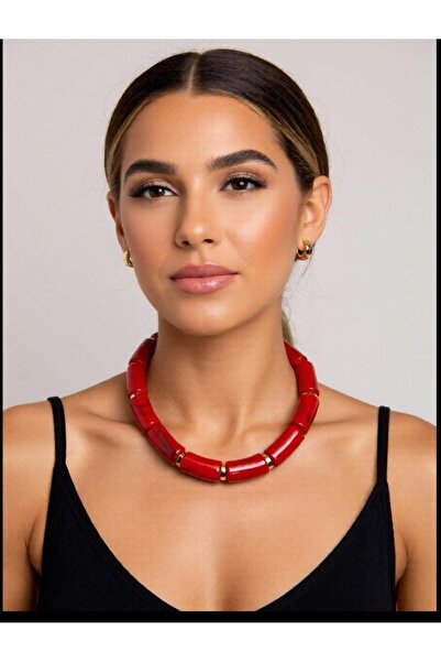 Luyiaccessory Gold Detaylı Kırmızı Akrilik Kolye