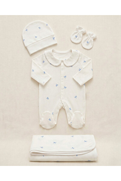 Zezig Blue Bows 4 Parça Hastane Çıkışı Seti %100 Pamuk