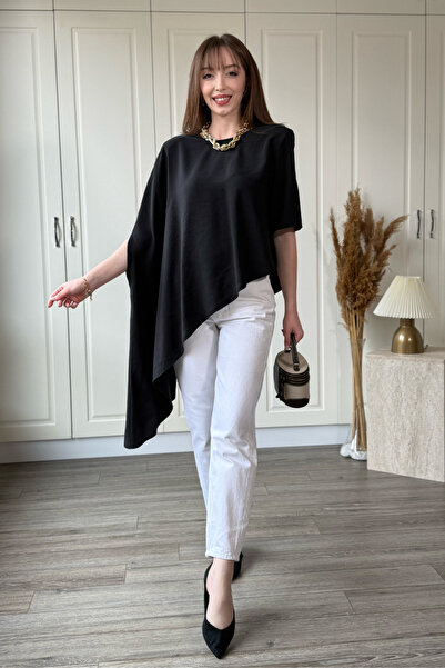 Dilay Gökoğlu Butik Ασύμμετρη κομψή μαύρη μπλούζα από ύφασμα Tensel