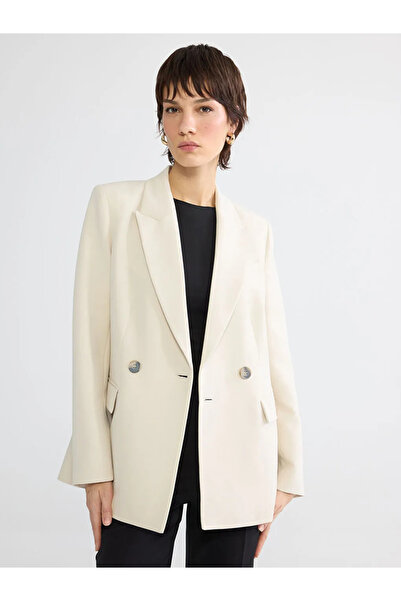 LC Waikiki Μπεζ διπλό πέτο Γιακάς Κρεπ Γυναικείο Μπλέιζερ Μπουφάν