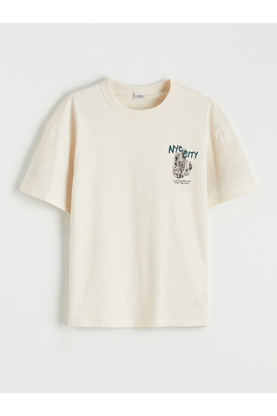 LC Waikiki Beige Boy's Crew Neck Printed T-Shirt