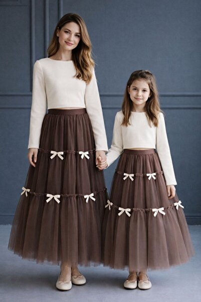 FKB FOR KIDS BABY Mother Daughter Layered Tulle Bow Detailed Skirt Blouse Set