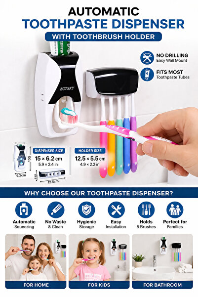 ZGT SKY موزع معجون أسنان مثبت على الحائط، حامل فرشاة أسنان، منظم للحمام، تخزي...