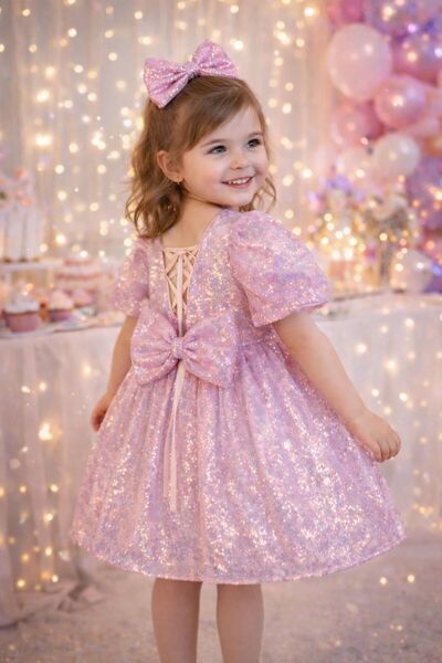 Cumino Eira Kids Lila Pullu Işıltılı Fiyonk Detaylı Prenses Kız Çocuk Elbise