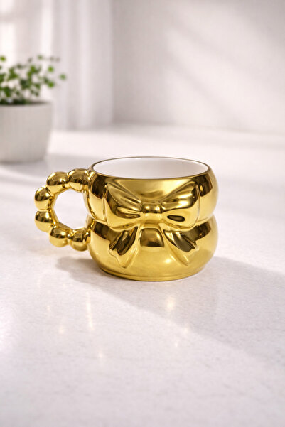 İZart كوب سيراميك مطلي بالذهب بنمط فيونكة ثلاثية الأبعاد، تصميم خاص منقوش ومص...