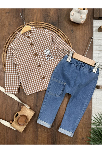 Bolly Baby Plaid Checkered Judge Collar Shirt Lycra Jeans Seasonal Baby Boy Suit