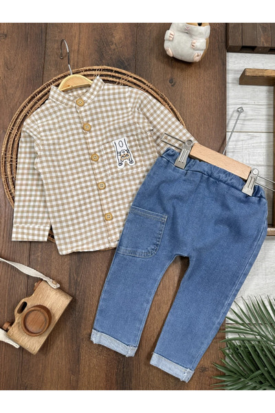 Bolly Baby Plaid Checkered Judge Collar Shirt Lycra Jeans Seasonal Baby Boy Suit
