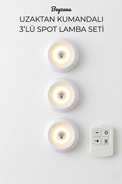 BEYZANA Pilli Uzaktan Kumandalı Montajsız Yapışkanlı 3'lü Spot Led Işık Lamba...