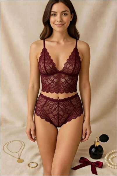 Vielove Kadın Bordo Dantel Bralet Şort Takımı – Transparan İç Giyim, Rahat ve...