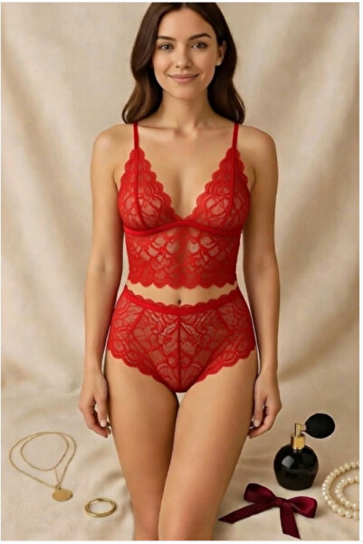 Vielove Kadın Kırmızı Dantel Bralet Şort Takımı – Transparan İç Giyim, Rahat ...