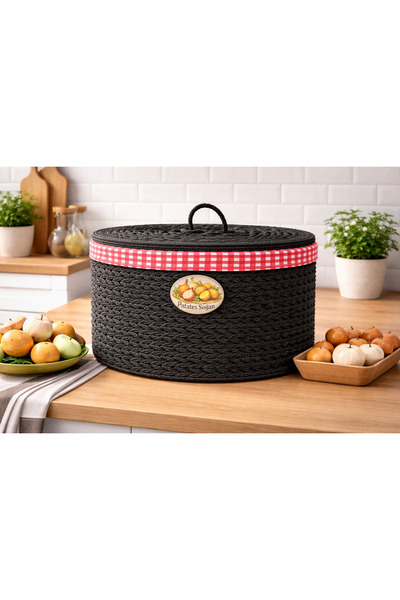Bohem studio Siyah El Örgüsü 2 Bölmeli Patates & Soğan Sepeti (Kapaklı)