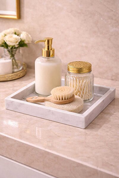 Marbello 20x20 cm Mermer Tepsi | Kare Banyo Organizer Mutfak Sunum Tepsisi Ka...