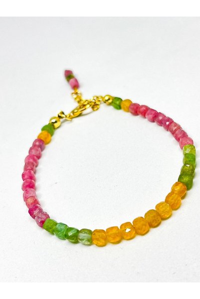 Agatella Tasarım Natural Tourmaline Stone Steel Apparatus Bracelet Handmade Colorful Design Women's Bracelet