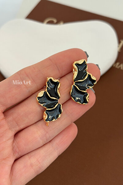 MioArt Women's Gold Black Enamel Crown Petal Flower Earrings