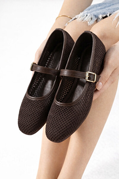 STOCON Avila Brown Mesh Gold Buckle Belted Ballerinas Summer Ballerinas Stc1285