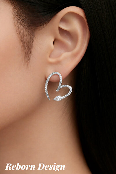 REBORN DESIGN Silver Color Zircon Stone Snake Heart Model Earrings