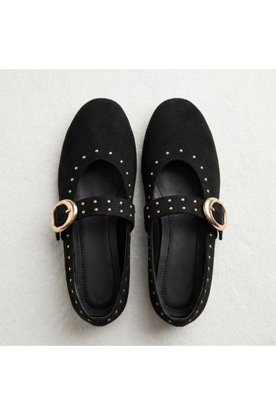 TopukTrend Women's Babet Gold Buckle Studded Suede Mary Jane Babet Women's Stylish Daily Comfortable Flat Sole Shoes