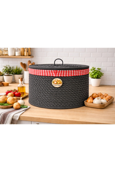 Bohem studio Antrasit İp El Örgüsü 2 Bölmeli Patates & Soğan Sepeti (Kapaklı)