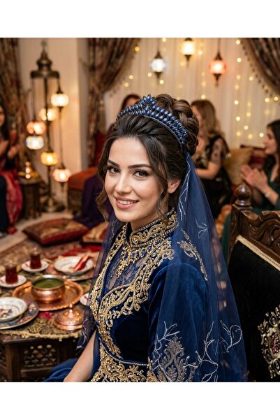 Çınar Aksesuar Navy Blue Crystal Stone Bridal Crown - Promise Engagement Henn...