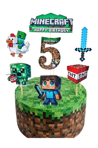 telaşe memuru Minecraft Pasta Süsü ve Minecraft Temalı 5 Yaş Doğum Günü Konse...